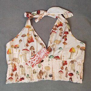 NWT Mushroom Vintage Inspired Print Halter Crop Top